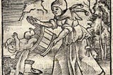 Medieval German illustration of a woman holding a wooden tub and throwing away the bathwater and the baby in it.