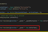 screenshot of Player C# script with nested if statement for controlling the speed