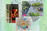 A collage of images: to the left is a photo of a restaurant, middle part shows mixed media art based on a Venice mask, to the right a photo of an Amsterdam canal