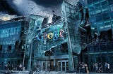 A dramatic and dystopian scene of a Google headquarters building, with its glass facade shattered and the structure visibly damaged.