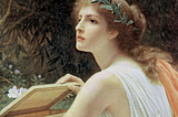 A woman wearing an ivy crown looks off to her left while opening a golden box