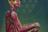 A Psychedelic art of Human by Marc Salamat. A person having only muscles visible and nature peacefully surrounding him/her.