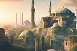 Prompt: “A realistic high-resolution photo of Hagia Sophia and Istanbul skyline covered with green vines and mosses as if no human touched them for 1000 years. Retro style, sunset, light filtering from the mosque minaret, partly cloudy sky.”