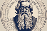 An illustration of a man’s face with the appearance of a philosopher: beard and long hair, with a serene and wise look.”