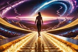 A silhouetted figure stands at the edge of a glowing pathway leading into a vast cosmic expanse, symbolizing life’s transitions and stepping into the unknown with confidence.