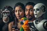 An ape, two humans, a robot, and a parrot.