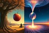 A captivating cover image contrasting the traditional view of gravity with Terrence Dashon Howard’s revolutionary theory. The left side shows Newton’s apple falling from a tree under a clear sky, while the right side features an abstract representation of electromagnetic fields and pressure differentials influencing celestial bodies. The background blends these concepts seamlessly, highlighting the shift in perspective.