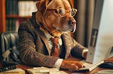 A diligent dog dressed in a tweed jacket and glasses focuses intently on a computer screen.