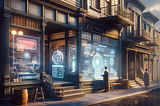 An atmospheric image showcasing a classic American small business from the past, now infused with futuristic AI technology. The scene features a quaint, old-fashioned storefront situated on a serene street. Advanced, non-textual AI elements such as holographic interfaces and interactive displays are integrated into the shop’s facade, contrasting with its traditional architecture. The lighting is soft and evocative, creating an interplay of shadows and light that adds depth and mood to the scene.