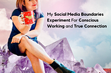 Jo is sitting with a cup of coffee and a wonderwoman mug, raising her cup. Background is purple clouds, she is sitting on a collage of crystals.