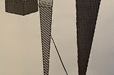 Computer art drawn on a late 1980s Mac. A cuboid with legs jumps off of a high rise upside down pyramidesque lightning bolt 3d shape. Where the cuboid jumped off is a missing shape, with the same dimensions as the cuboid. A ladder leads up from the ground to where the cuboid jumped off. On the ground, the cuboid is headed to an ice cream cone shaped pool, that it won’t quite fit into.
