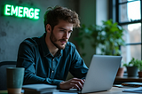 Young man in a blue denim shirt working intently on a laptop, with a bright green neon ‘EMERGE’ sign on the wall behind him and potted plants near a window in the background.
