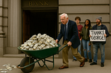 An older white man in a suit pushes a wheelbarrow full of cash out of a bank building as onlookers watch.