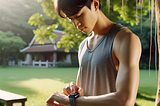 A person in a vest-top looking down at their smartwatch using it as part of their mindfulness regime on a sunny day outside in a park.