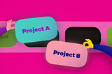 Illustration of two hands holding up potential projects to be inserted into a roadmap. One hand holds up “Project A” and the other holds up “Project B”.