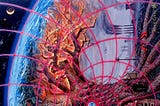 Artist: Alex Grey; Painting Name: Gaia; Depicted here: Writer’s perspective Organised Destruction of the World by Government, Military, Corporations as written in her story.