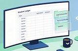 An isometric 16:9 illustration of a minimalist angel investor workspace, showing a large ultra-wide monitor with a simple spreadsheet titled “Shadow Ledger” listing fictitious startup investments, alongside subtle folder overlays labelled “Legal & Execution”, “Tax & Certificates”, and “Updates”, with a coffee mug marked by a small wing icon and a halo-shaped desk lamp adding quiet angel-investor cues against a calm, muted blue and green background.