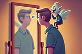 Man looking in mirror with mean caricature on shoulder representing the inner critic.