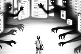 A detailed black and white pencil sketch depicting a user surrounded by digital screens with shadowy figures reaching for floating strings of numbers and letters, symbolizing wallet addresses in a Web3 environment.