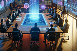 a scene where a group of diverse professionals are engaged in a strategic meeting around a high-tech, holographic display table. The display shows various abstract data visualizations and graphs that represent complex corporate strategies and decisions. The setting is a modern, well-lit boardroom with large windows overlooking a city skyline at dusk, symbolizing the broad perspective and high stakes involved in corporate decision-making.