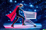 A superhero with a shopping cart