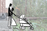 A sketch of a man and a woman pushing a pram overlaid on two faded images: bricks and cobblestone on the left; thick forest on the right.
