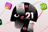 Illustration of a human head silhouette with icons of popular apps like Instagram, Spotify, Duolingo, and Reddit surrounding it, alongside behavioral design frameworks like the Hook Model and Habit Loop.