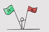 Stick figure holding up a green and red flag with an A and a B written on them