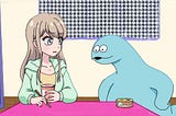 Still of Gal & Dino animated segment, Dino happily looking at Kaede’s cup of ramen at their pink table