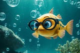 A fish wearing glasses at the bottom of the ocean, with bubbles behind it bubbling up to the surface.
