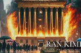 A building of the system burning with unfazed people walking about out front in a plaza