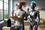 A hyper-realistic image of a hipster man with a beard and colourful dreadlocks next to a robot with exposed mechanics and a teal mohawk. Both are eating ice cream, standing next to an open mailbox with an open package enjoying their success. Background is a relaxed modern, sunlit office space with potted plants, furniture and floor to ceiling windows, evoking a sense of casual communial space.
