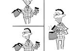 Cartoon of a man pouring coffee from a coffee pot into a travel mug. He then holds the coffee pot in his right hand and a travel mug in his left. He looks at the travel mug, then the coffee pot, and then pours coffee from the travel mug into the coffee pot. He’s then driving a car and drinking coffee directly from a coffee pot.