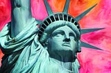 Close-up of the Statue of Liberty’s face and crown with raised torch, set against a dramatic pink, orange, and coral painted background.
