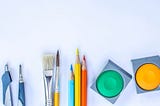 Coloring materials, including paintbrushes, pencils and paint