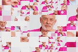 Multiple images of Brian Eno, layered in a kaleidoscope-like collage.