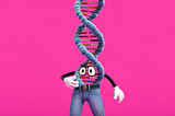 The image shows a cartoonish character with a DNA double helix for a head and upper body, wearing jeans, gloves, and sneakers. The background is a solid bright pink, and the character has a surprised or quirky expression.