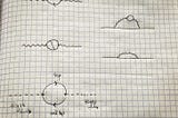 Various vacuum polarization diagrams, variations of a photon converting to an electron-positron pair, and back to a photon. Near the bottom there’s a Higgs version, where a top / anti top pair forms a loop.