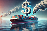 ChatGPT generated panoramic image of a container ship with dollar signs coming out of its funnel