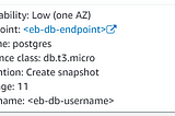Screenshot of Database Credentials on ElasticBeanstalk
