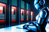 A hyper-realistic, photo-realistic reflective, metallic robot working, surrounded by servers. Dark, futuristic, dystopian, neon lights, in an office, sci fi, judge dredd, 8k, realism,