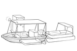 A small wooden boat with a portable battery and chest fridge inside it and a tent style shade on top of it and a larger motor and a toilet attached to the side and a pontoon attached to the back that can hold more people and a bed on the side of the boat