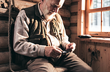 An elderly man sitting in a cabin and typing on his cell phone