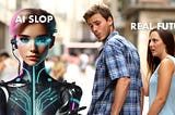 A young man walking with his girlfriend turns to admire an AI-generated female cyborg from the future. His girlfriend looks annoyed. Parody of the popular “distracted boyfriend” meme.