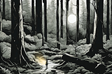 A person lost in the woods with a flashlight.