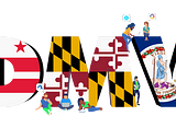 Graphic of the letters DMV with the flags of the DC, Maryland, and Virginia inset with small character people discussing tech