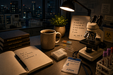 A cozy desk scene with coffee and healthcare elements symbolizing rest, reflection, and life outside duty of a medical laboratory scientist