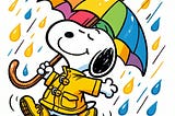 Cartoon character Snoopy holding a multi-colored umbrella, dancing in the rain