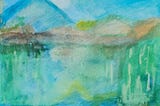 a silent evening landscape (watercolor on watercolor paper) in predominant hues of green and blue