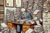 Cartoon of an older white male lawyer with white hair and glasses, overwhelmed by a large pile of paperwork at his cluttered desk. The office is disorganized, with papers and files scattered on the floor and shelves. Several framed legal diplomas hang on the wall behind him.